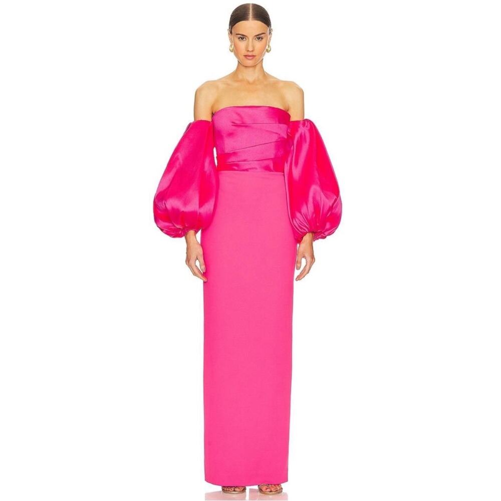 SOLACE LONDON Carmen Off the Shoulder Puff Sleeve Ruched Pink Maxi Dress Size 4